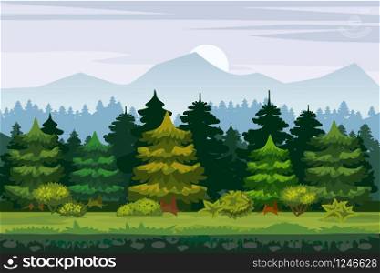 Vector cartoon illustration of the spruce forest for the game UI. For print, create videos or web graphic design. Vector cartoon illustration of the spruce forest for the game UI. For print, create videos or web graphic design, user interface, card, poster.