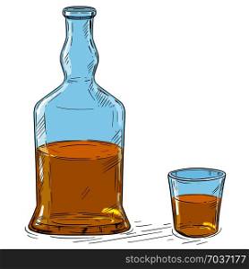 Vector cartoon illustration or drawing of half full hard liquor or whiskey bottle and shot glass.. Vector Cartoon Drawing of Whiskey or hard Liquor Bottle and Shot Glass