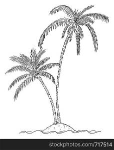 Vector cartoon illustration or drawing of two palm trees growing on small island in center of ocean.. Vector Cartoon Drawing of Two Palm Trees on Small Island in Ocean