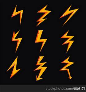 Vector cartoon illustrations of lightning set isolate. Stylized pictures for logo design. Lightning flash electric, thunder power electricity, thunderbolt collection. Vector cartoon illustrations of lightning set isolate. Stylized pictures for logo design