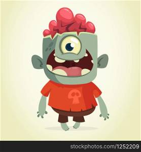 Vector cartoon image of a funny green zombie smiling on a light gray background. Halloween. Vector illustration.