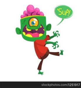 Vector cartoon image of a funny green zombie with big head and one eye in brown pants and red t-shirt walking to the right and laughing on a white background. Halloween vector illustration