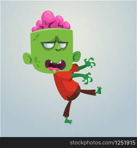 Vector cartoon image of a funny green zombie with big head in brown pants and a red t-shirt walking to the right on a light gray background. Apocalypse, dead, halloween. Vector illustration.