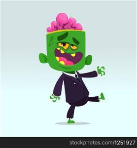 Vector cartoon image of a funny green zombie with big head in business suit isolated on a light gray background. Halloween vector illustration.
