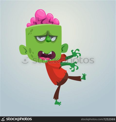 Vector cartoon image of a funny green zombie with big head in brown pants and red t-shirt running somewhere on a light gray background. Apocalypse, dead, halloween. Vector illustration.