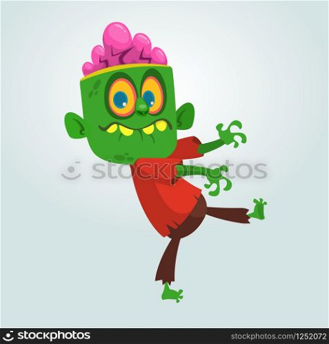 Vector cartoon image of a funny green zombie with big head in brown pants and red t-shirt walking to the right and smiling on a light gray background. Apocalypse, dead, halloween. Vector illustration.