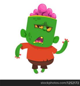 Vector cartoon image of a funny green zombie with big head in brown pants and red t-shirt walking to the right and smiling on a light gray background. Halloween. Vector illustration.