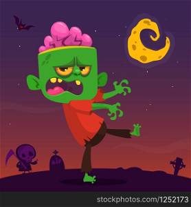 Vector cartoon image of a funny happy zombie smiling on a night background with cemetery, grim reaper, tombs and moon. Halloween. Vector illustration isolated.