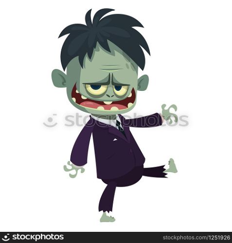 Vector cartoon image of a funny zombie with big head business suit isolated on a light gray background. Halloween vector illustration.