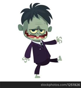 Vector cartoon image of a funny zombie with big head business suit isolated on a light gray background. Halloween vector illustration.