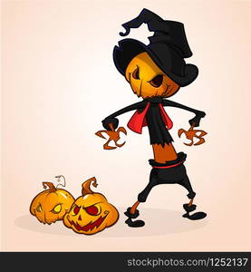 Vector cartoon image of Jack O&rsquo; Lantern with orange pumpkin head, in a dark coat and witch hat standing white background. Halloween. Vector illustration.