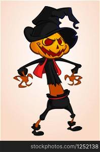 Vector cartoon image of Jack O&rsquo; Lantern with orange pumpkin head, in a dark coat and witch hat standing white background. Halloween. Vector illustration.