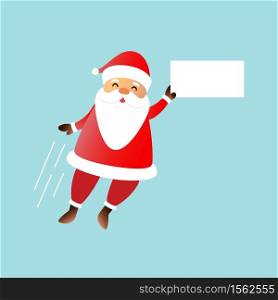 Vector cartoon isolated Santa Claus character with white blank speech template for invitation decoration and covering on the bright background. Concept of Merry Christmas and Happy New Year.