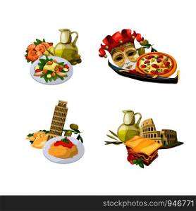 Vector cartoon italian cuisine elements piles set isolated on white background illustration. Vector cartoon italian cuisine elements isolated on white