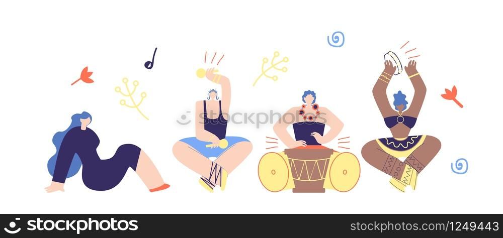 Vector Cartoon Man Woman Playing Drum, Tambourine, Castanets on Stage. African Percussion Instruments Music Illustration. Pretty Girl Listening Djembe Sitting on Floor. Festival Talent Show Marathon. African Tribal Music Band People Flat Cartoon