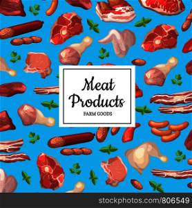 Vector cartoon meat elements background illustration with place for text. Cooking banner or poster set. Vector cartoon meat elements background illustration with place for text