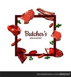 Vector cartoon meat elements frame with flying around it with place for text in center illustration. Vector cartoon meat elements with place for text in center illustration