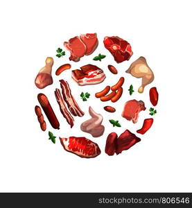 Vector cartoon meat elements gathered in circle illustration isolated on white. Vector cartoon meat elements gathered in circle illustration