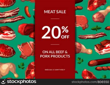 Vector cartoon meat elements sale background illustration with place for text and ribbon with shadows. Vector meat elements sale background illustration