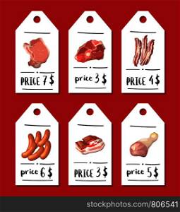 Vector cartoon meat elements sale tags price set with place for text illustration. Vector cartoon meat elements sale tags
