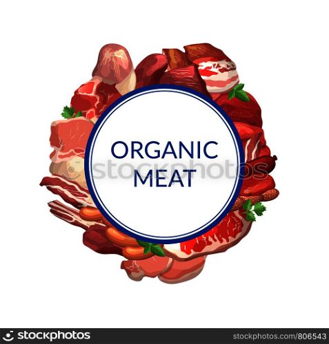 Vector cartoon meat elements under circle with place for text illustration. Meat banner isolated on white. Vector cartoon meat elements under circle with place for text illustration