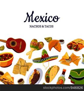 Vector cartoon mexican food background with place for text illustration. Hat and guitar flat style. Vector cartoon mexican food background with place for text illustration