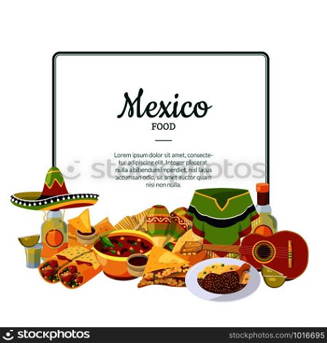 Vector cartoon mexican food below frame with place for text illustration. Mexican food taco and nachos, tasty tortilla and sombrero. Vector cartoon mexican food below frame with place for text illustration