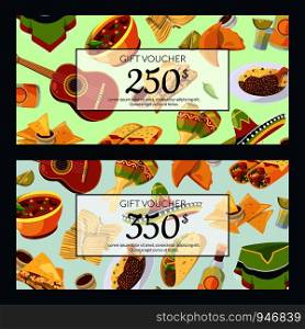 Vector cartoon mexican food discount or gift voucher templates illustration. Set of cards flat style. Vector cartoon mexican food discount or gift voucher templates illustration