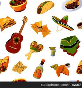 Vector cartoon mexican food pattern or background illustration. Background seamless mexican taco, maracas and tequila. Vector cartoon mexican food pattern or background illustration