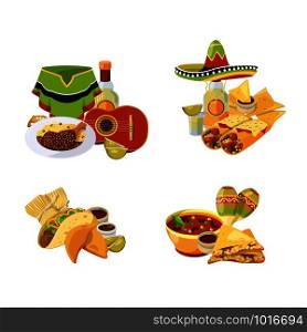 Vector cartoon mexican food piles set isolated on white background illustration. Mexican food and lunch, chili and spice traditional. Vector cartoon mexican food piles set isolated on white background illustration