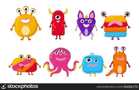 Vector cartoon monsters set. Collection funny aliens icon isolated on white background. Clip art for party decoration, stickers.