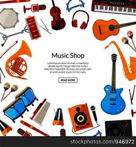 Vector cartoon musical instruments background with place for text illustration. Instrument of musical background, guitar and saxophone, keyboard and violin. Vector cartoon musical instruments background with place for text illustration