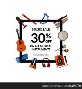 Vector cartoon musical instruments flying around frame with place for text illustration. Vector cartoon musical instruments flying