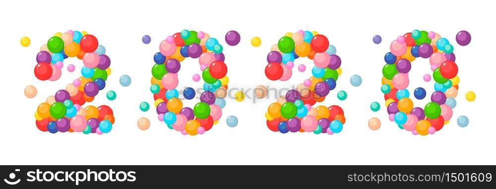 Vector cartoon number 2020 for kids of the colored balls. New year and christmas.. Vector cartoon number 2020 for kids of the colored balls. New year and christmas