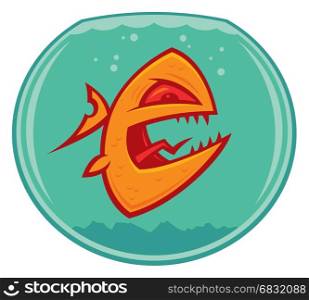 Vector cartoon of an angry and vicious goldfish in a small fishbowl. He just might be part piranha.