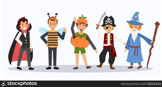 Vector cartoon of Cute Halloween characters.Children in Halloween costume. Halloween kids.  group of Boys in Halloween costume.
