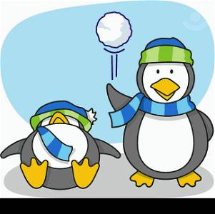 Vector cartoon of little penguins with snow