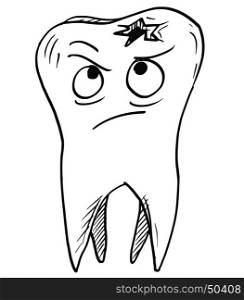 Vector cartoon of unhappy decayed carious tooth looking on the decay caries