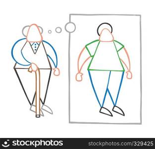 Vector cartoon old man standing with wooden walking stick and dreaming or thinking his youth with thought bubble