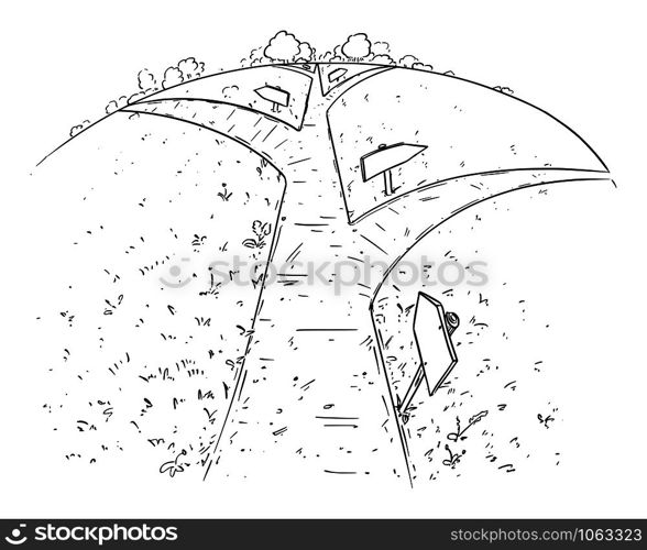 Vector cartoon pen and ink drawing of road or path forward and branching through grass, meadows and nature. Concept of future and destiny.. Vector Cartoon Illustration of the Path or Way Forward and Branching Through Nature, Pen and Ink Black and White Drawing