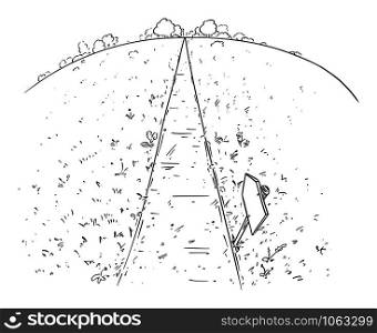 Vector cartoon pen and ink drawing of road or path forward through grass, meadows and nature. Concept of future and destiny.. Vector Cartoon Illustration of the Path or Way Forward Through Nature, Pen and Ink Black and White Drawing