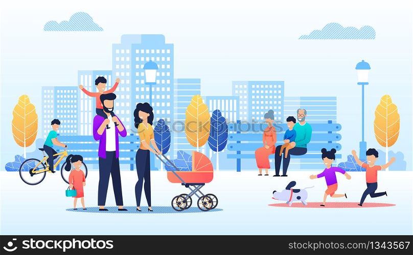 Vector Cartoon People Walking in Urban Park Illustration. Happy Children run with Dog, Family Pass with Kids and Baby Pram, Grannies with Grandson Sit on Bench, Boy Cycling. Flat City Skyline Backdrop. Cartoon People Walking in Urban Park Illustration