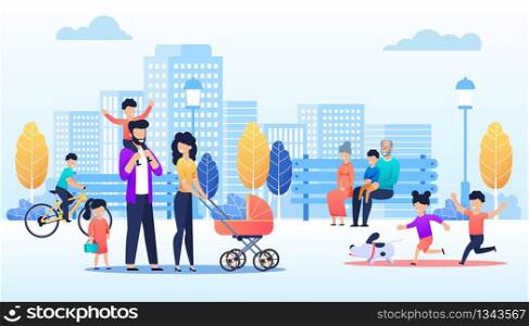 Vector Cartoon People Walking in Urban Park Illustration. Happy Children run with Dog, Family Pass with Kids and Baby Pram, Grannies with Grandson Sit on Bench, Boy Cycling. Flat City Skyline Backdrop. Cartoon People Walking in Urban Park Illustration