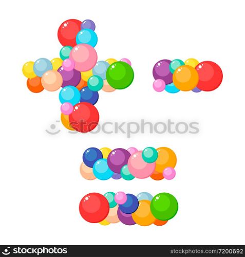 Vector cartoon plus, minus, equals for kids of the colored balls.