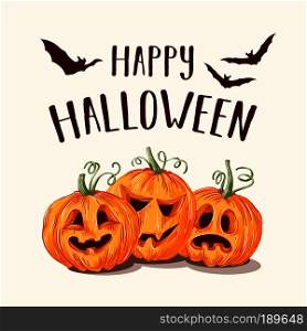 Vector cartoon pumpkin with Happy Halloween text. Greeting card for autumn holidays