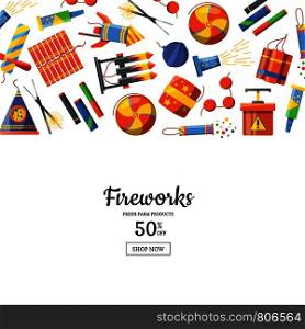 Vector cartoon pyrotechnics banner poster background illustration with place for text. Vector cartoon pyrotechnics background illustration with place for text
