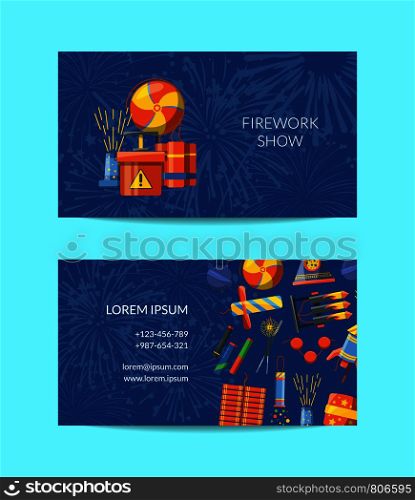 Vector cartoon pyrotechnics business card template for entertainment illustration. Vector cartoon pyrotechnics business card template for