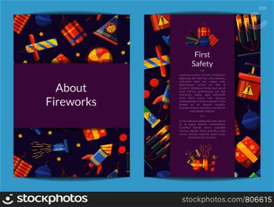 Vector cartoon pyrotechnics card, flyer or brochure template for business illustration. Vector cartoon pyrotechnics card, flyer