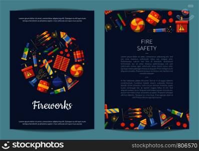 Vector cartoon pyrotechnics card, flyer or brochure template for firework entertainment company or party illustration. Vector cartoon pyrotechnics card