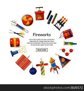 Vector cartoon pyrotechnics in circle form with place for text in center round illustration. Vector cartoon pyrotechnics illustration